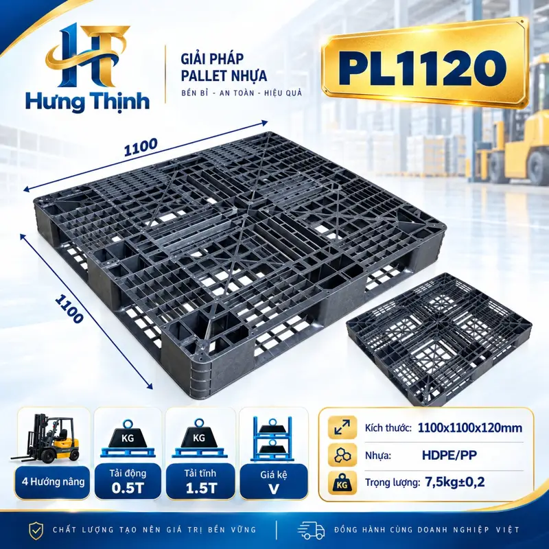 Pallet nhựa PL1120 màu đen, 1100×1100×120mm
