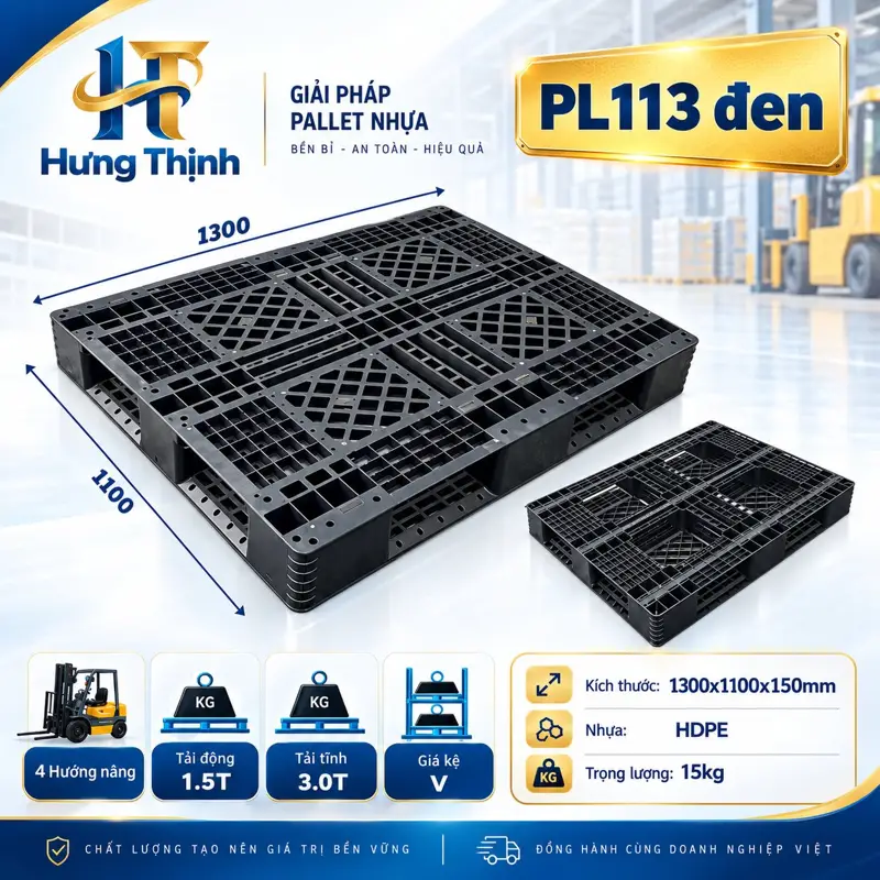 Pallet nhựa PL113 đen, 1300×1100×150mm