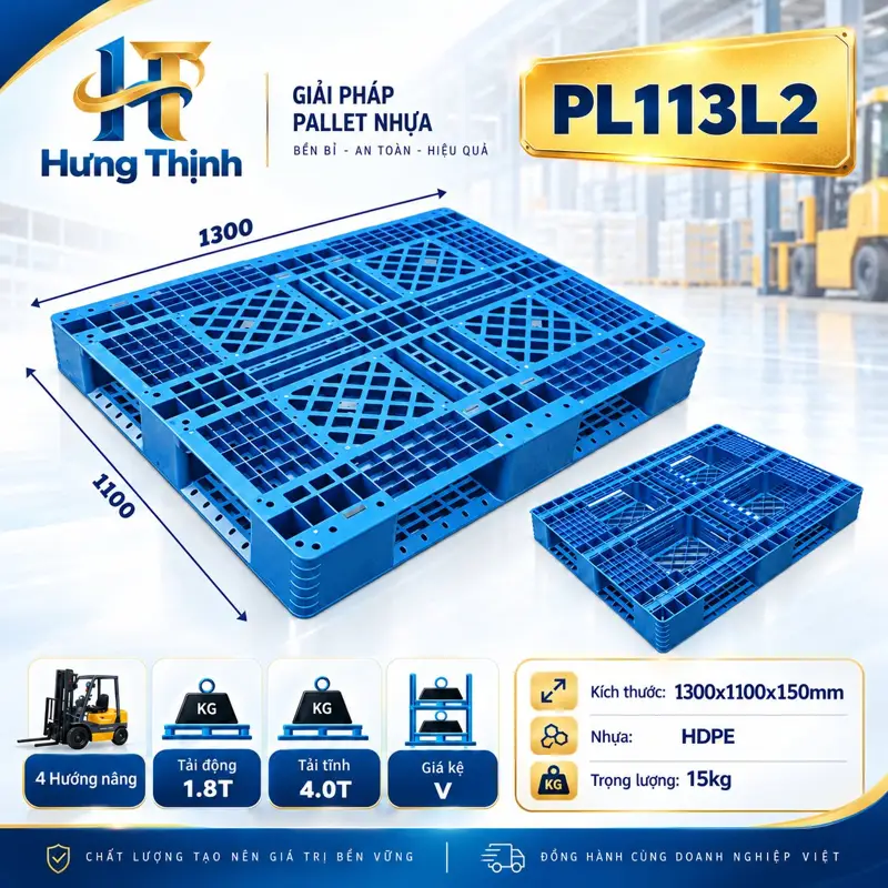 Pallet nhựa PL113L2 màu xanh, 1300×1100×150mm