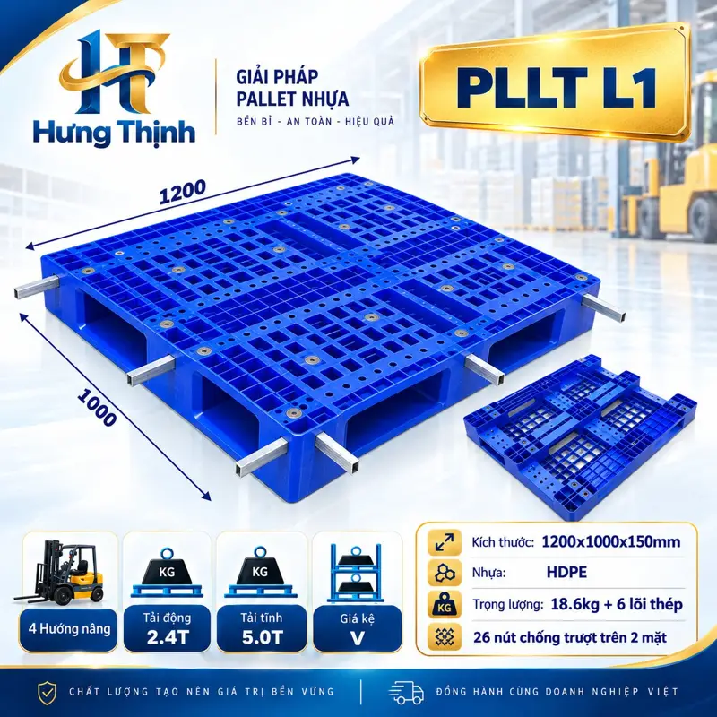 Pallet nhựa PLLT L1 màu xanh, 1200×1000×150mm