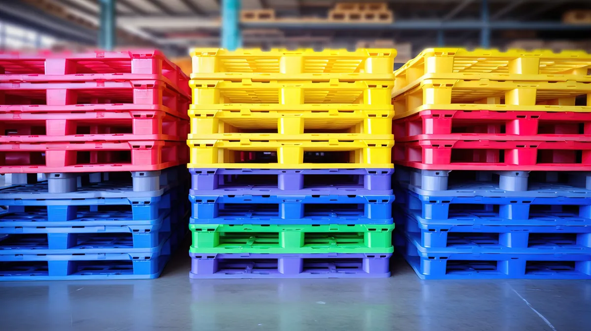 Pallet nhựa mặt lưới nhiều màu sắc xếp chồng trong kho