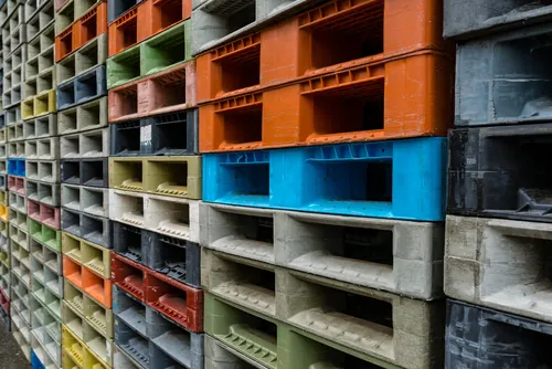 Pallet nhựa xếp sát nhau nhìn từ mặt bên, nhiều màu